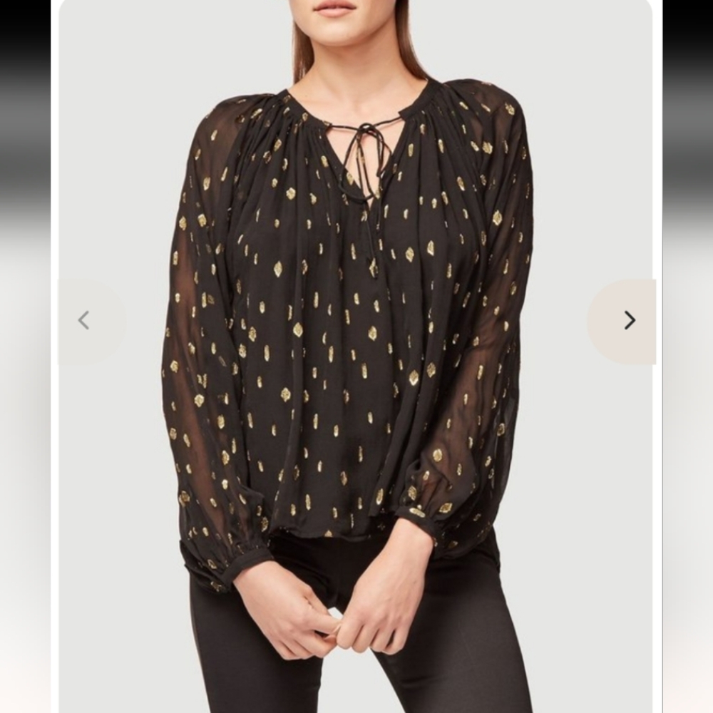Frame Sheer Peasant Black Blouse Metallic Gold Size Small Like NEW